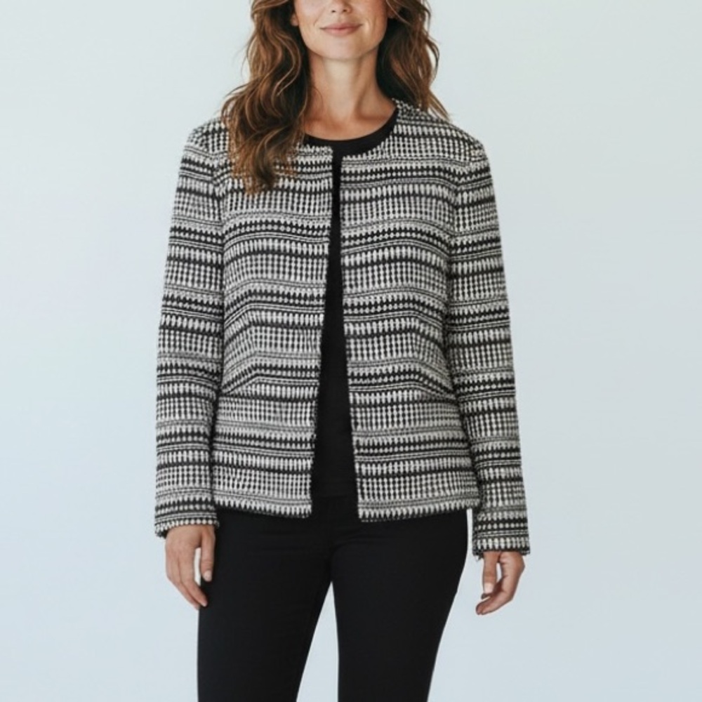 Tahari ASL Textured Geometric Print Jacket Blazer in Black/Ivory Size 6